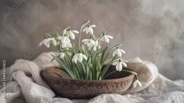 Fototapeta A close-up photograph of delicate snowdrops in a rustic wooden bowl, surrounded by a soft linen cloth, capturing the essence of spring.