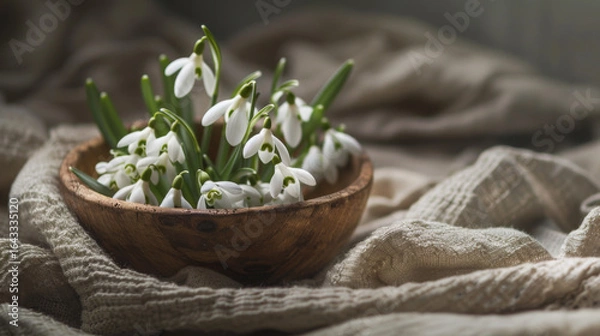 Fototapeta A close-up photograph of delicate snowdrops in a rustic wooden bowl, surrounded by a soft linen cloth, capturing the essence of spring.