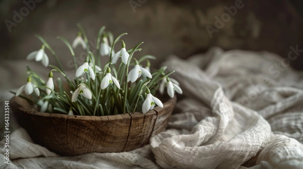 Fototapeta A close-up photograph of delicate snowdrops in a rustic wooden bowl, surrounded by a soft linen cloth, capturing the essence of spring.