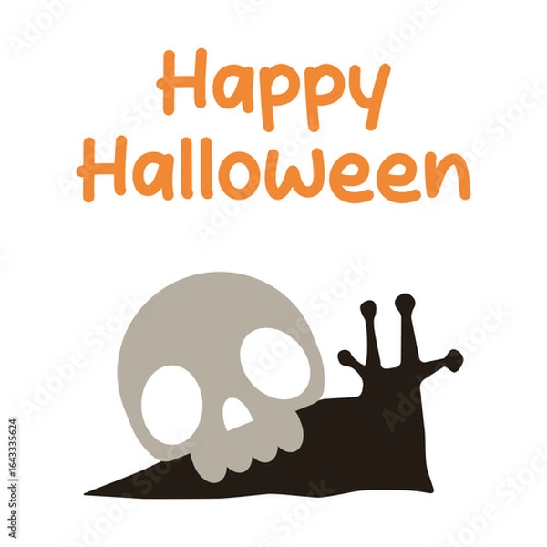 Obraz Cute Halloween flat vector illustration with a skull and snail silhouette, orange Happy Halloween text, isolated on white background.