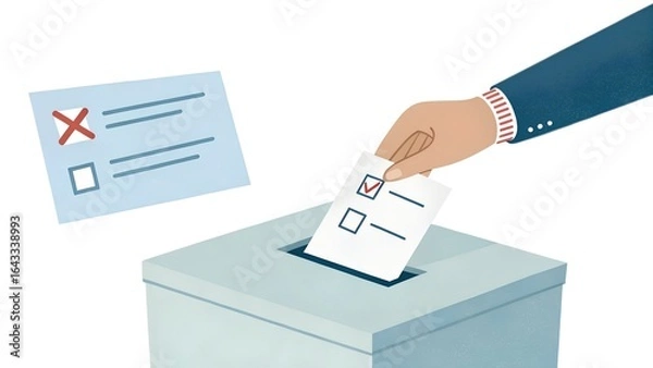 Fototapeta Democratic voting concept, featuring a stylized hand placing a paper ballot into a slot of a ballot box, set against a clean, minimalistic background.