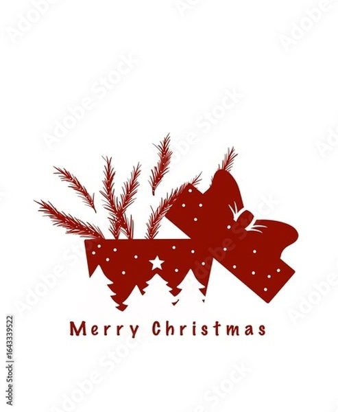 Fototapeta Minimalist Christmas design featuring a red silhouette of an open gift box with pine branches and holiday patterns, accompanied by the text “Merry Christmas” on a white background.