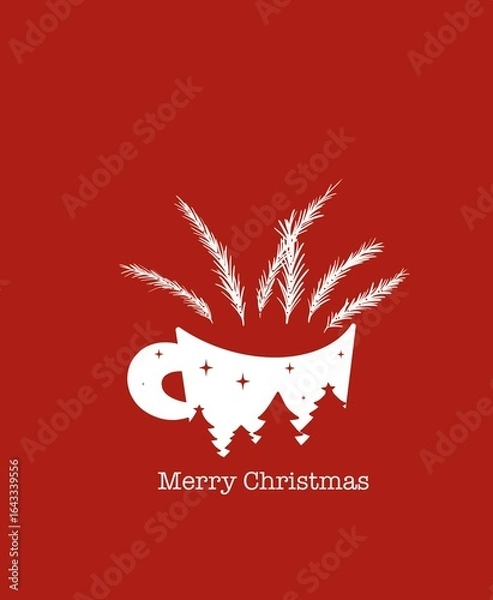 Fototapeta Minimalist Christmas illustration featuring a white silhouette of a cup filled with pine branches and festive holiday patterns, with the text “Merry Christmas” on a red background. 
