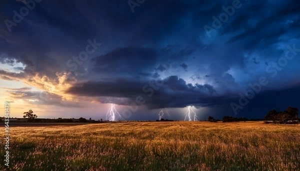 Fototapeta dramatic storm with lightning illuminating dark clouds over open field at dusk