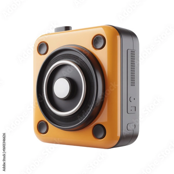Obraz Compact orange square action camera with wide angle lens and multiple mounting points isolated on transparent background