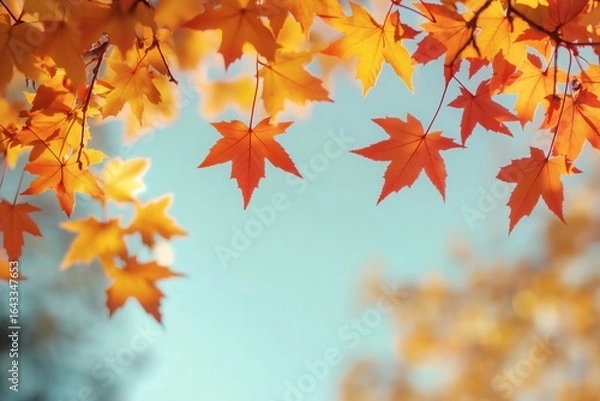 Fototapeta Vibrant autumn leaves in warm hues of orange and yellow hang from branches, set against a soft, blue sky. Nature's beauty.