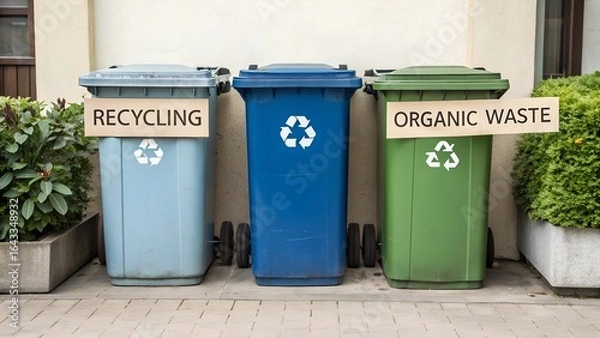 Fototapeta  Garbage containers for recycling packaging and organic waste.