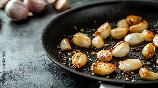 Fototapeta Garlic cloves caramelized in pan, minimal kitchen backdrop