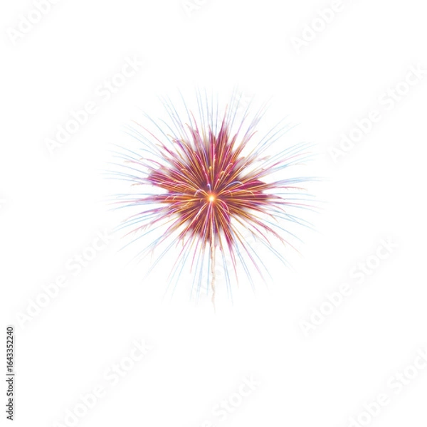 Fototapeta A singular, ultra-photorealistic burst of pyrotechnic fireworks frozen at its peak, displaying vivid pink, electric blue, and fiery orange light streaks against a pristine, transparent studio