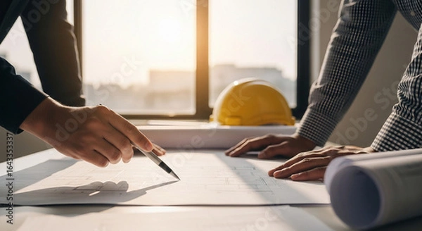 Fototapeta Architects reviewing blueprints with a hard hat on the table near a window in a bright office space