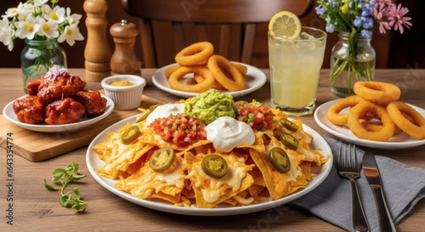Fototapeta Nachos with Guacamole, Salsa, and Sour Cream with Appetizers