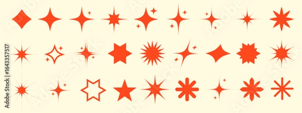 Fototapeta Y2k logo star. Various star-shaped designs in navy red on a light background showcasing different styles and sizes, ideal for creative projects or minimalist themes