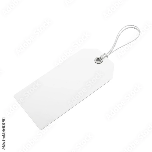 Fototapeta A single, transparent rectangular paper price tag with a delicate string loop, a blank smooth surface for customization, isolated on a seamless plain white background with bright studio lighting