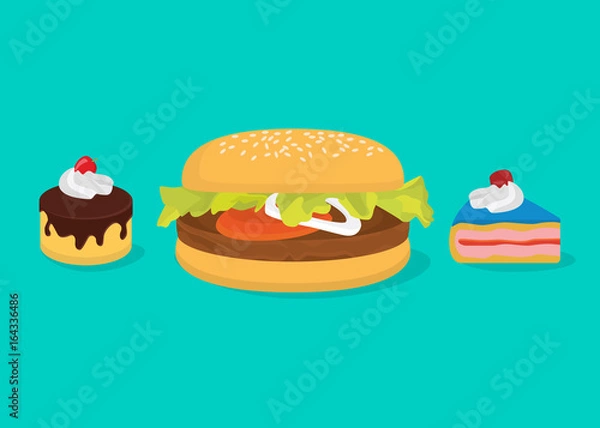 Fototapeta big calories concept with hamburger and cakes