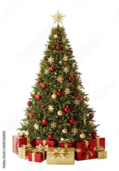 Obraz Majestic Fraser Fir Christmas tree, adorned with red & gold baubles, shimmering snowflakes, star ornaments, warm LED lights, golden topper. White studio background with red & gold gifts. Concept of