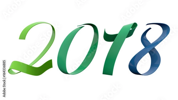 Fototapeta 2018 New Year Digits Analogy Colors 195 Degrees Green And Blue Glossy Metallic Ribbon Title 3D Render In 8K Resolution