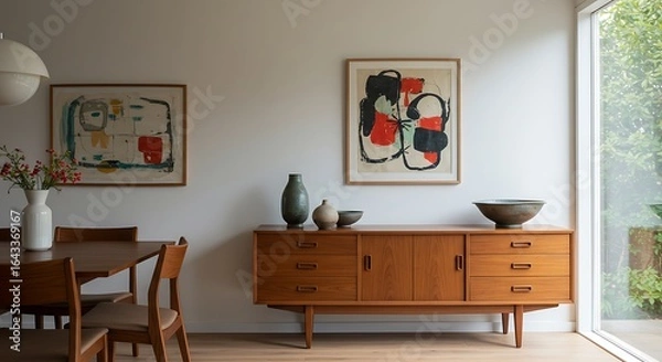 Fototapeta Dining Room Interior with Sideboard, Table, and Art