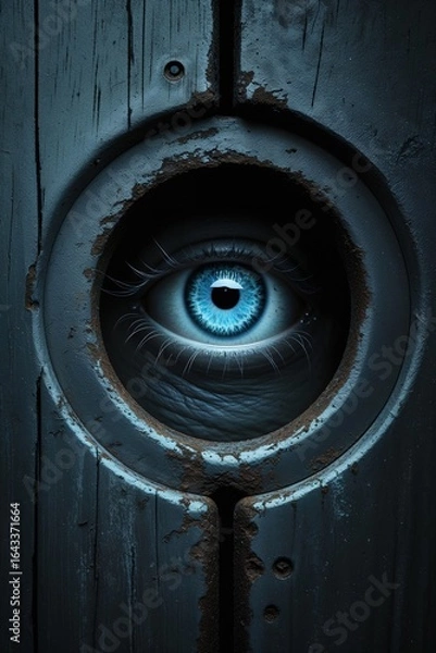 Fototapeta A close-up view shows a striking blue eye peering through a metal keyhole on an aged wooden door, conveying themes of curiosity, secrecy, and the unknown. The contrast highlights vulnerability
