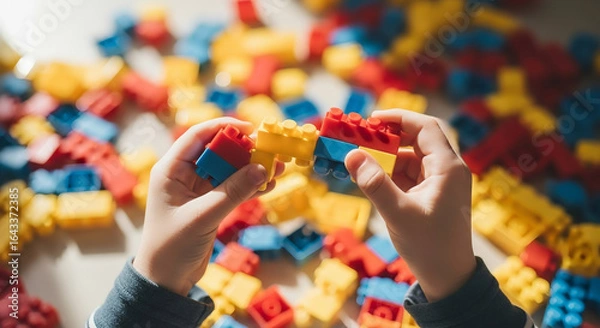 Fototapeta Child connecting colorful building blocks with hands on a table covered with more blocks scattered around