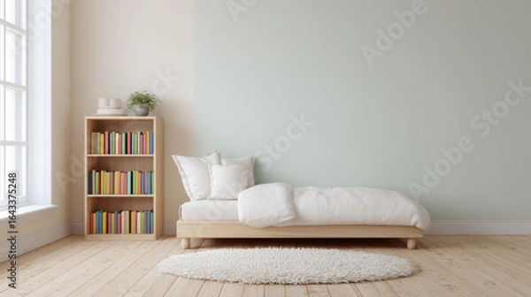 Fototapeta A minimalist bedroom with light walls and a white wooden floor, featuring a cozy bed and ample space for mockups, creating a serene and inviting atmosphere.