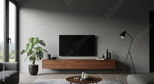 Fototapeta Living Room with Tv and Wooden Cabinet