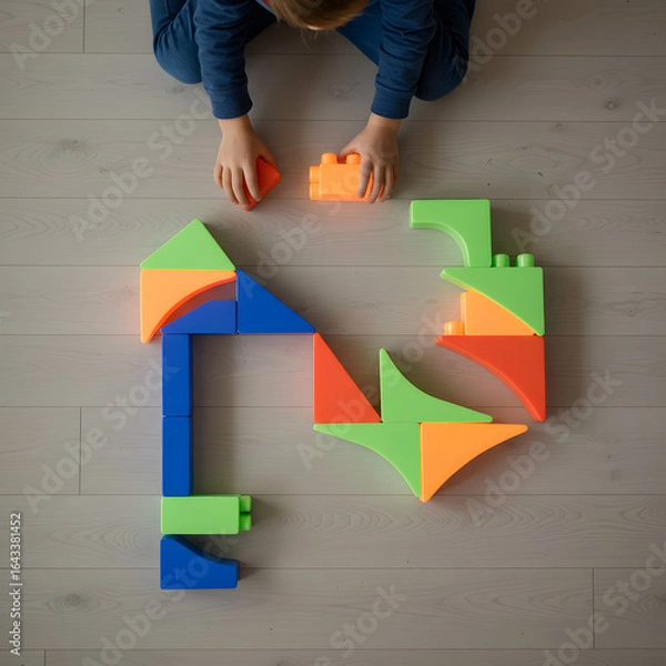 Fototapeta little boy playing with multi blocks