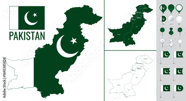Fototapeta Vector map of Pakistan with flag, globe and icons on white background