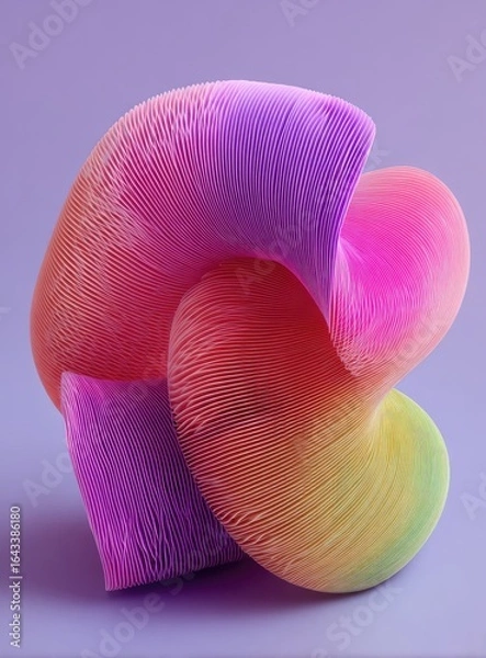 Fototapeta Abstract, colorful, knotted form with a soft, textured surface.  Gradient hues of pink, purple, and yellow, on a muted lavender background