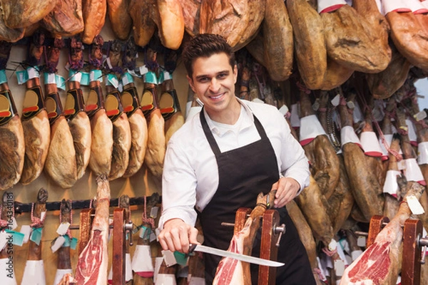 Obraz mężczyzna w sklepie jamon
