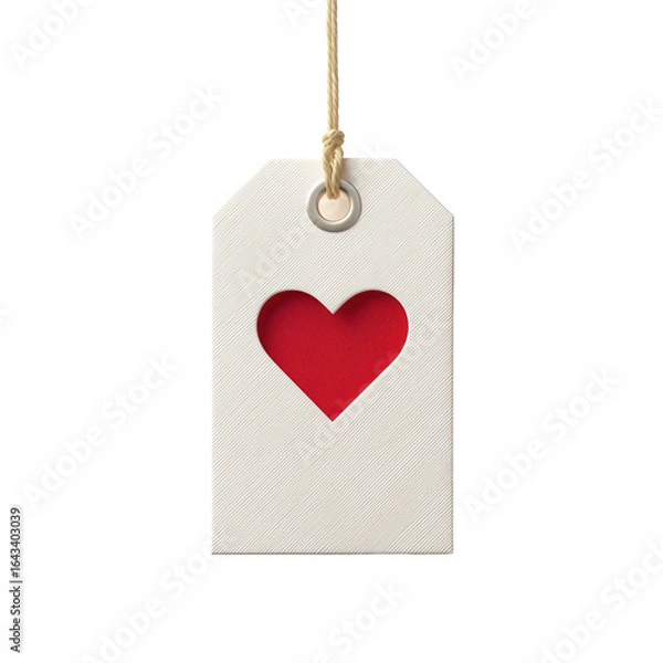 Fototapeta White rectangular tag featuring a red heart cutout and string, isolated on white background, ideal for gifts, love notes, or decoration.
