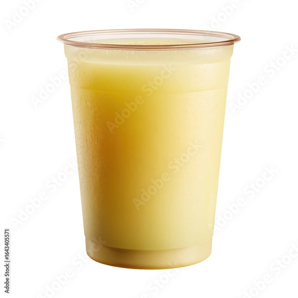 Fototapeta Cold sugarcane juice served in a clear disposable plastic cup, showing its golden color and refreshing texture.
