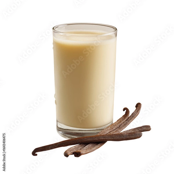 Fototapeta Refreshing glass of vanilla-flavored milk with whole vanilla pods beside it, isolated on white background, representing sweet creamy beverages.
