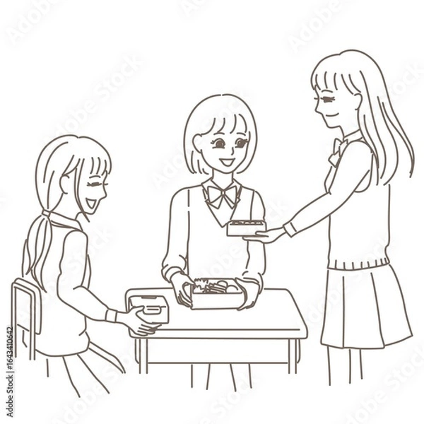 Obraz 女子学生がお弁当を見せ合っている線画イラスト