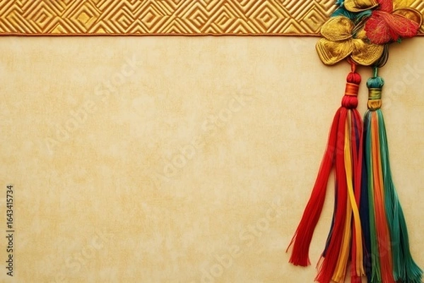 Fototapeta Elegant backdrop with textured gold border and colorful tassels, perfect for cultural presentations and festive event announcements.
