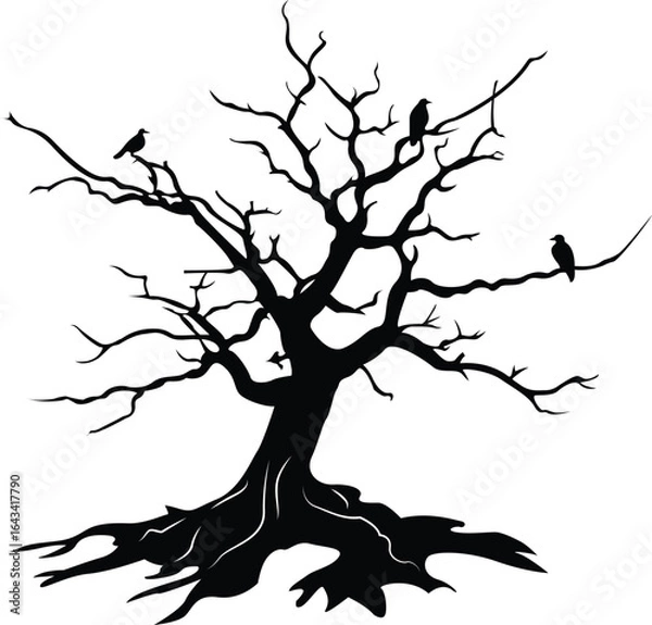 Obraz Black dead tree with birds. 2D vector illustration