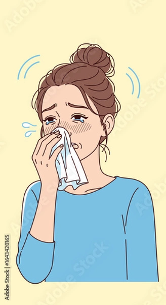 Fototapeta A sad woman with a messy bun cries and wipes her nose with a tissue, appearing sick or emotionally distressed.