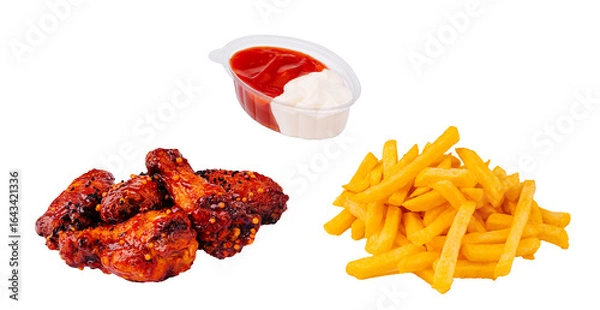 Obraz Delicious spicy chicken wings with crispy fries and dipping sauce
