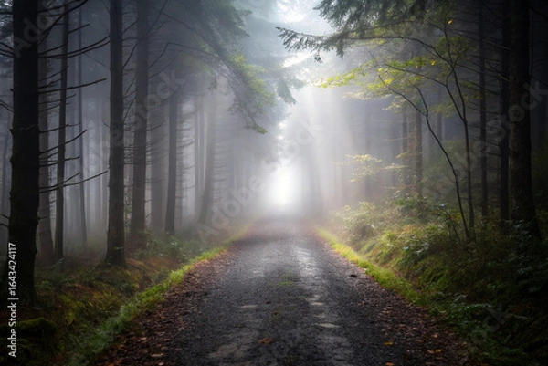 Fototapeta Mysterious forest path illuminated by sunbeams through the dense fog and tall trees