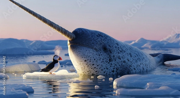 Obraz  Close-up of a colossal narwhal’s spiraled tusk breaking through the crystalline Arctic ice at sunrise, with a vibrant puffin perched at its base under the pastel glow of a polar dawn, surrounded
