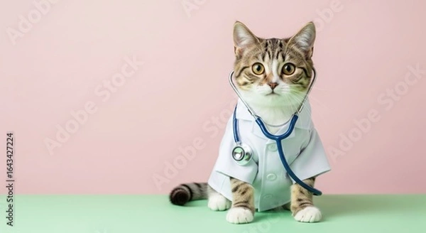 Fototapeta Cute cat wearing a doctor's outfit with a stethoscope, sitting on a pastel table. whimsical, with copy space and soft studio lighting