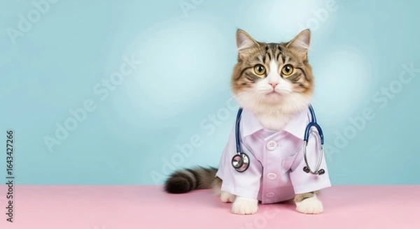 Fototapeta Cute cat wearing a doctor's outfit with a stethoscope, sitting on a pastel table. whimsical, with copy space and soft studio lighting