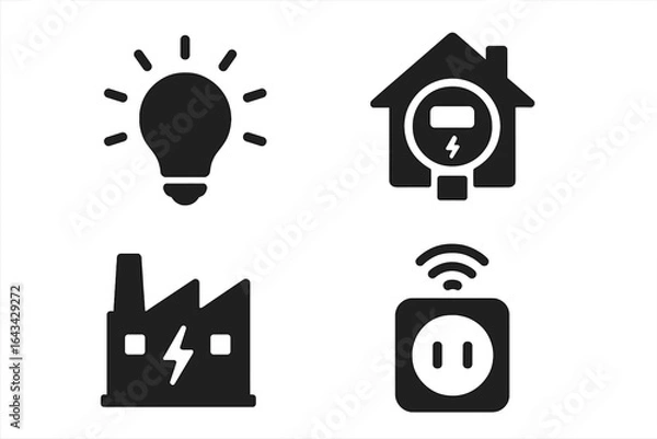 Fototapeta Modern energy consumption icons set. Solid vector illustrations of power usage: light bulb idea, smart home meter, factory electricity, wireless socket plug. Utility, renewable, smart grid concepts.