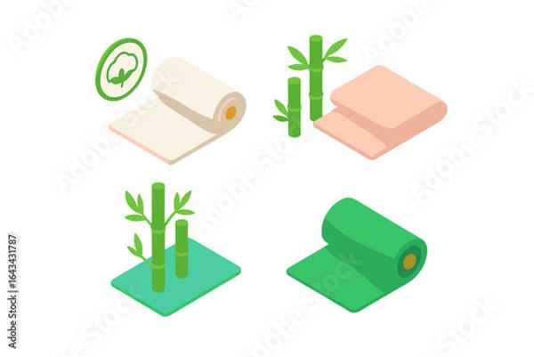 Fototapeta Sustainable Fabric Icons Set. Isometric Flat Vector Icons of Organic Cotton Roll, Bamboo Rayon Fabric, Colorful Eco-Friendly Textile Materials, Green Sustainable Textiles Illustration
