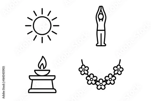 Obraz Sun Salutation icon set. Surya Namaskar line art. Yoga practice and Hindu solar worship concept. Vector icons of sun, person in pose, altar with diya lamp, flower garland.