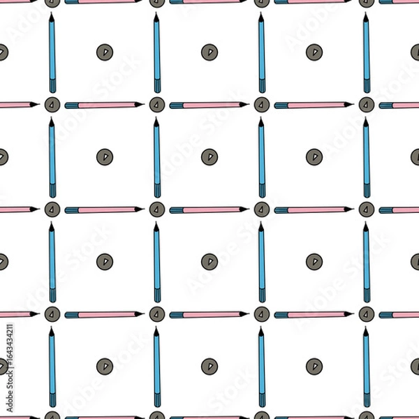 Fototapeta Seamless geometric drawing with pencils and school buttons, squares and polka dots, digital illustration.