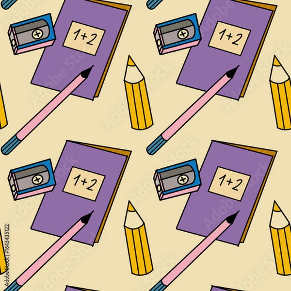 Fototapeta Seamless pattern with study books, pens and pencils, stationery for study, digital illustration.