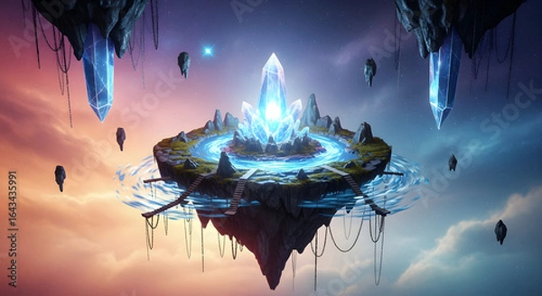 Obraz Enchanted Floating Island with Glowing Crystal and Celestial Elements Fantasy Game Background