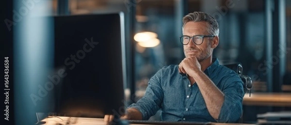 Fototapeta The thoughtful man working on a computer in a modern office environment.