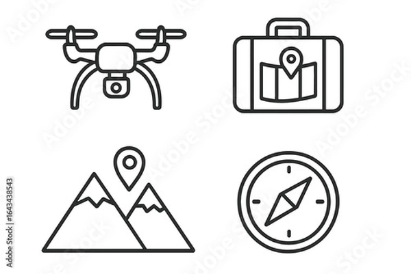 Fototapeta Drone and Travel Outline Icons Set of 4 – Flat Line Art Symbols for Adventure, Navigation, Exploration, Hiking, Mapping, GPS, Compass, Mountains, and Outdoor Activities Vector Illustration