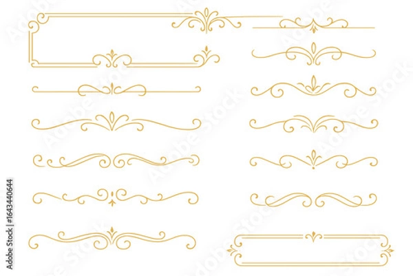 Fototapeta Set of golden ornamental line borders and elegant dividers. Vintage filigree swirl elements. Luxury calligraphic flourish for wedding invitation, certificate, or menu.